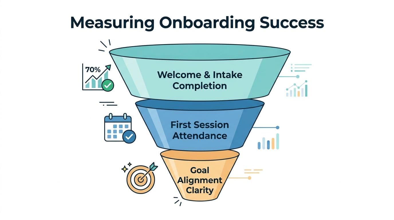 A funnel diagram illustrating the three key stages of measuring client onboarding success from intake to goals.