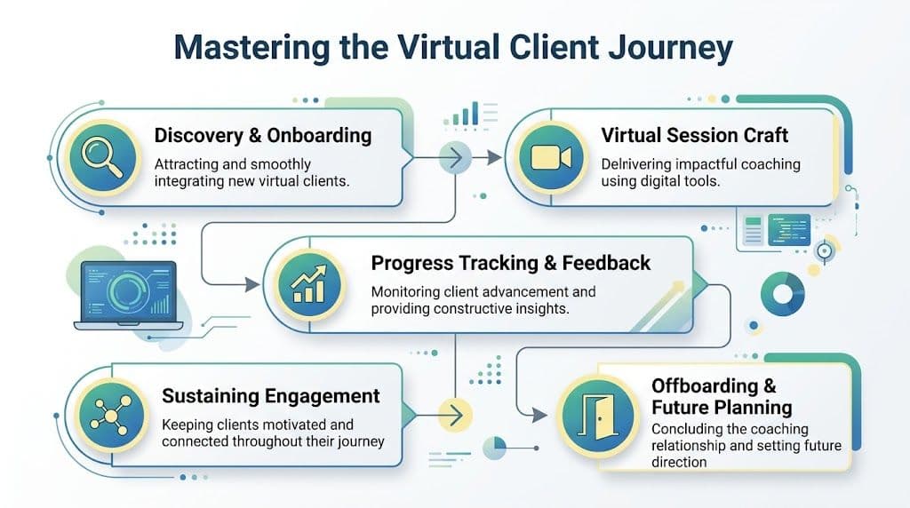 A diagram illustrating the five stages of mastering a virtual client journey for online coaching businesses.