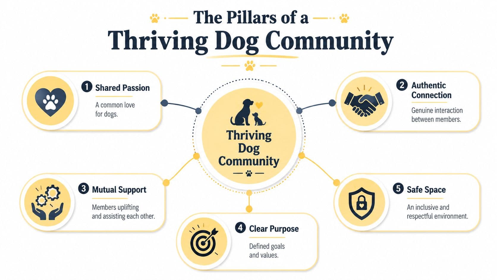 A diagram illustrating the five pillars of a thriving dog community with icons and descriptive text.