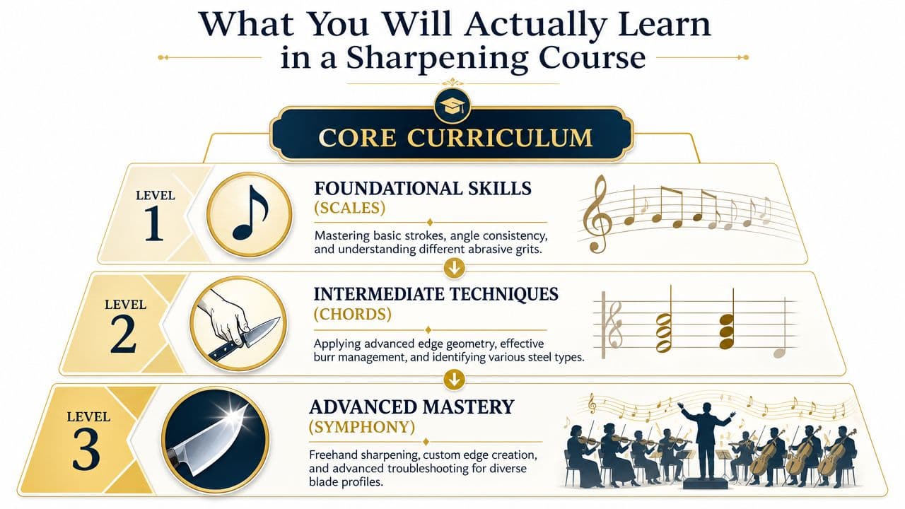 An infographic titled What You Will Actually Learn in a Sharpening Course depicting a three-level learning curriculum.