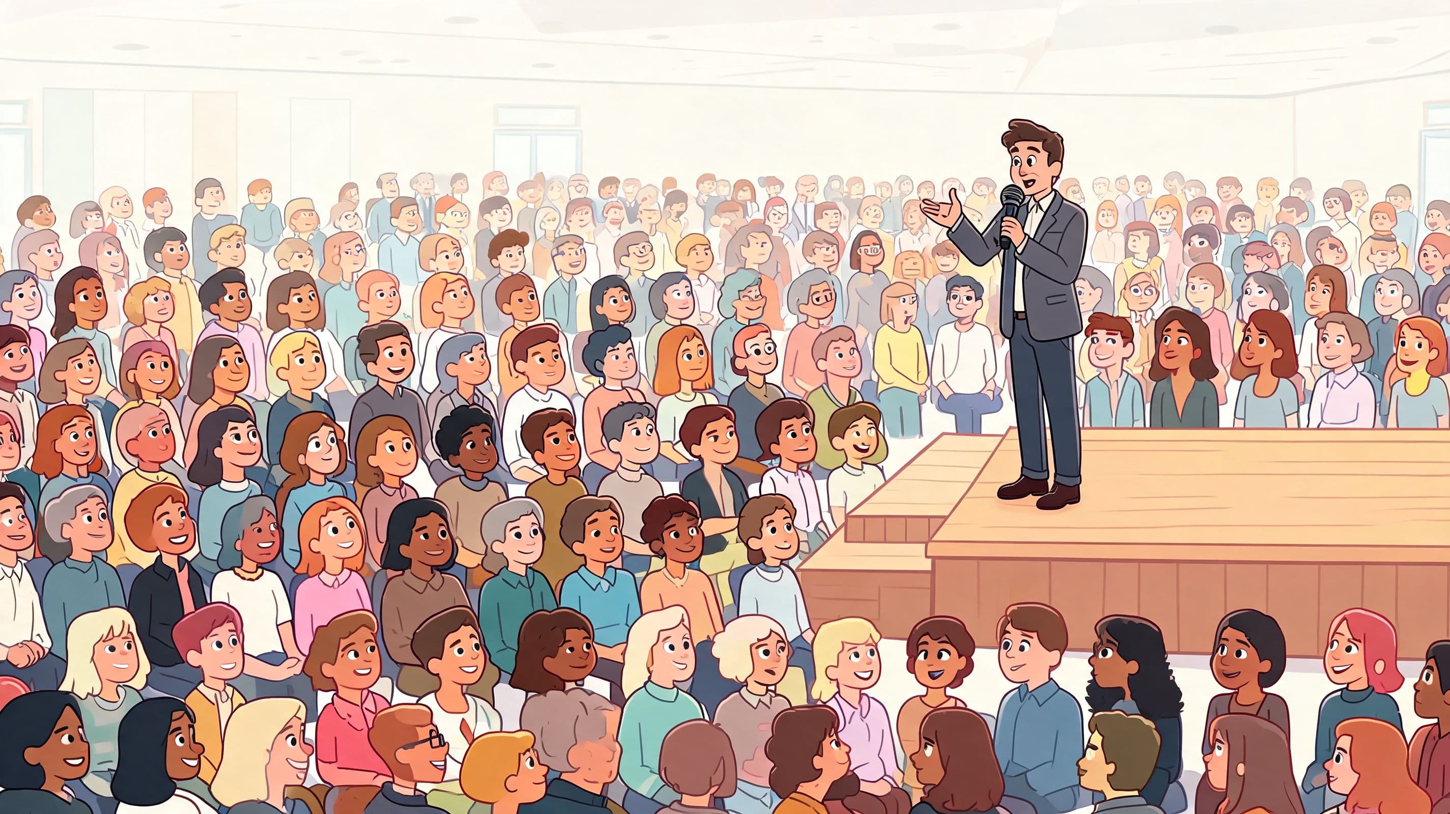 A charismatic speaker stands on a wooden stage addressing a large, attentive audience in a conference hall.