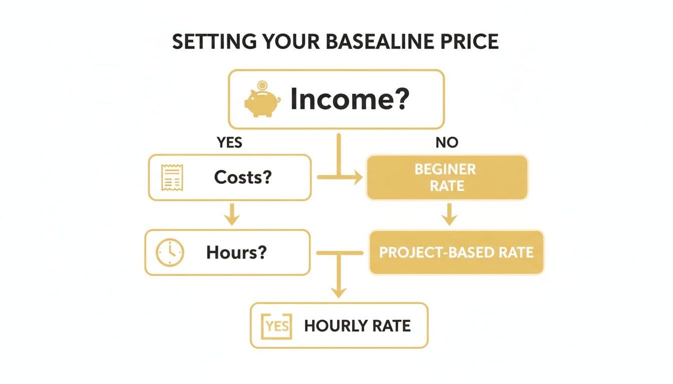 A flowchart illustrating how to set a baseline price based on income, costs, and time.