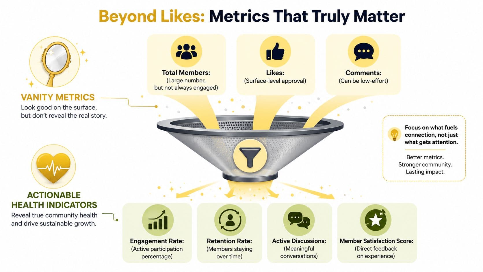 An infographic illustrating the difference between vanity metrics and actionable health indicators for community management.