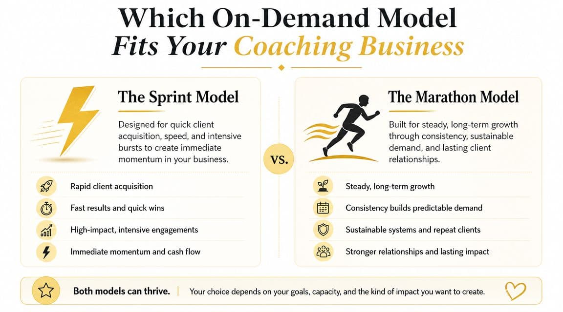 A comparative infographic showing the Sprint Model versus the Marathon Model for coaching business growth strategies.