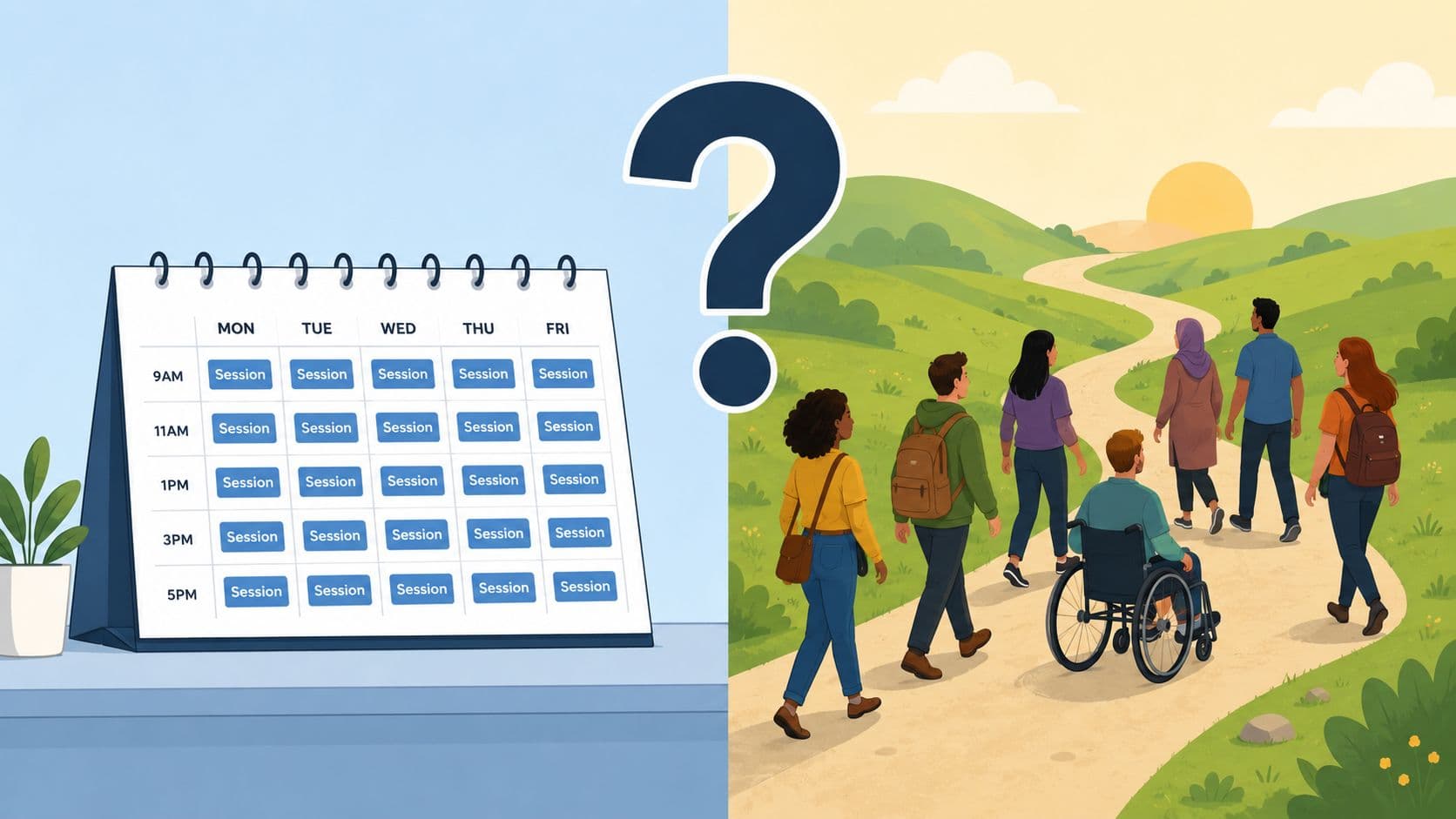 A split image showing a weekly meeting calendar on one side and a group of people walking on a nature path.