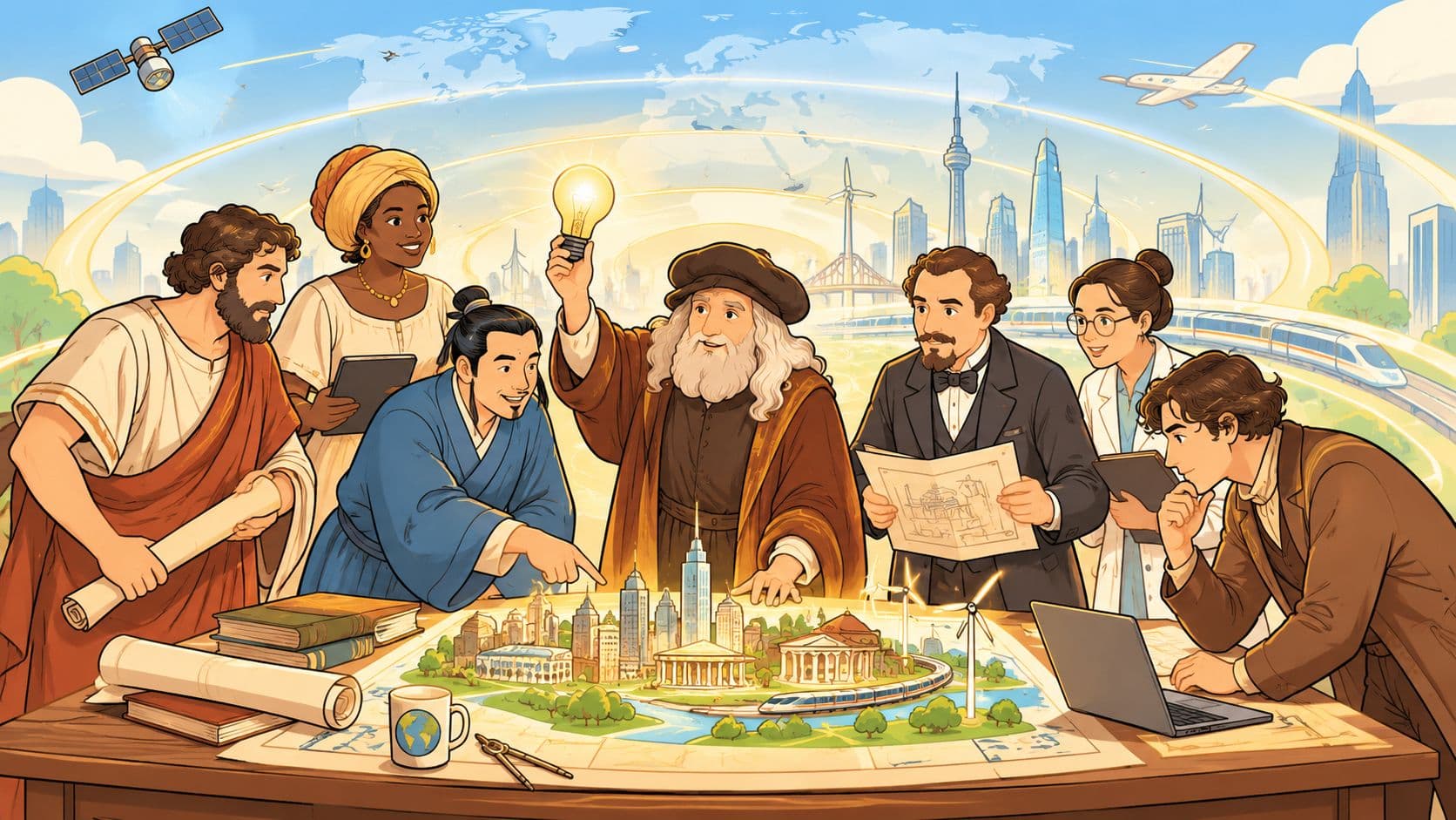 A diverse group of historical figures from different eras collaborating on a modern architectural city project.