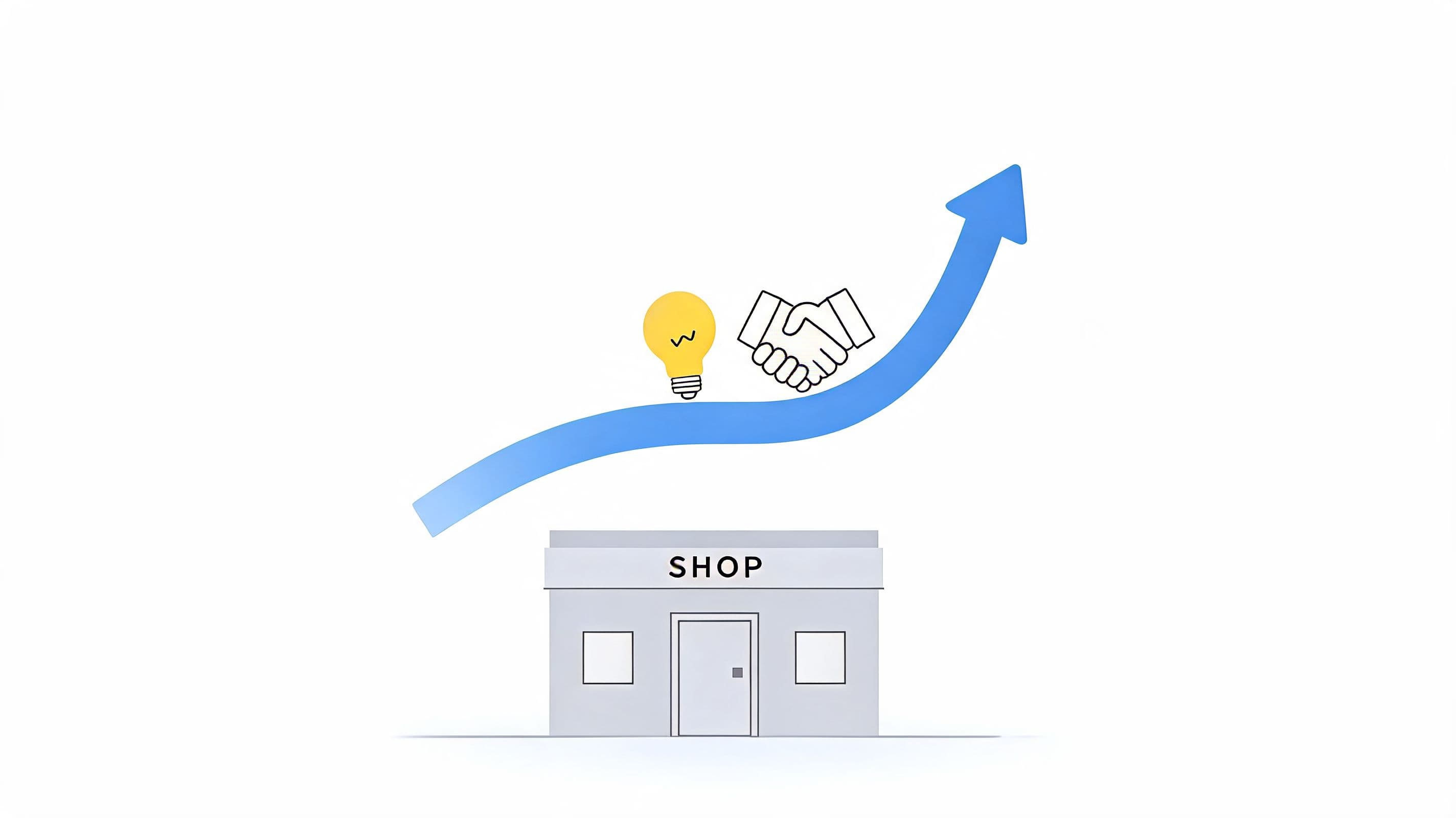 A graphic showing a small shop storefront beneath an ascending blue growth arrow, lightbulb, and handshake.