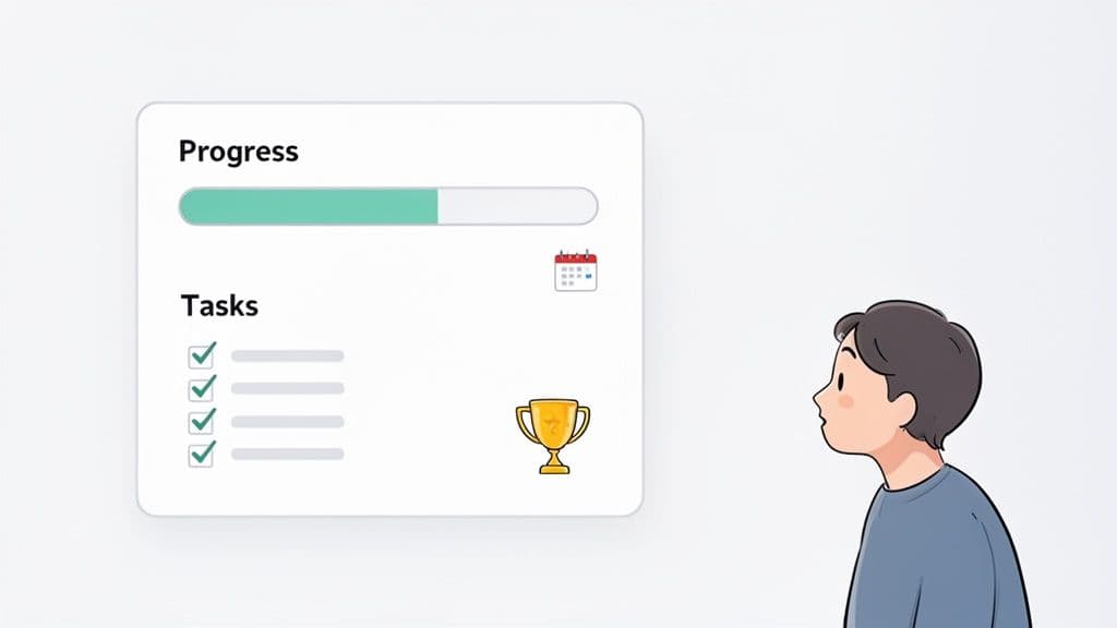 An illustration of a cartoon person looking at a progress card with tasks and a trophy.
