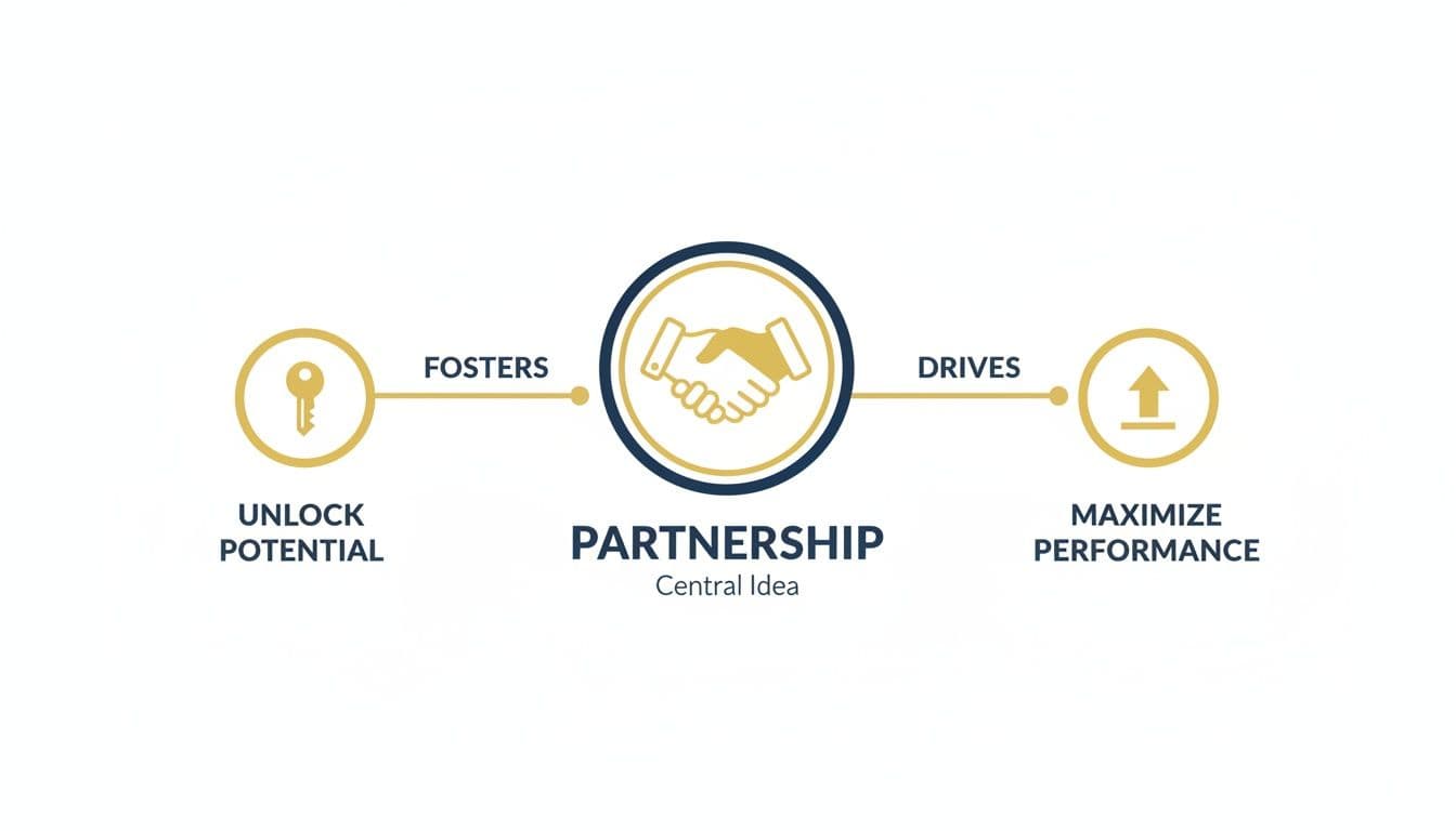 A diagram illustrating how partnership fosters unlocking potential and drives maximizing performance.
