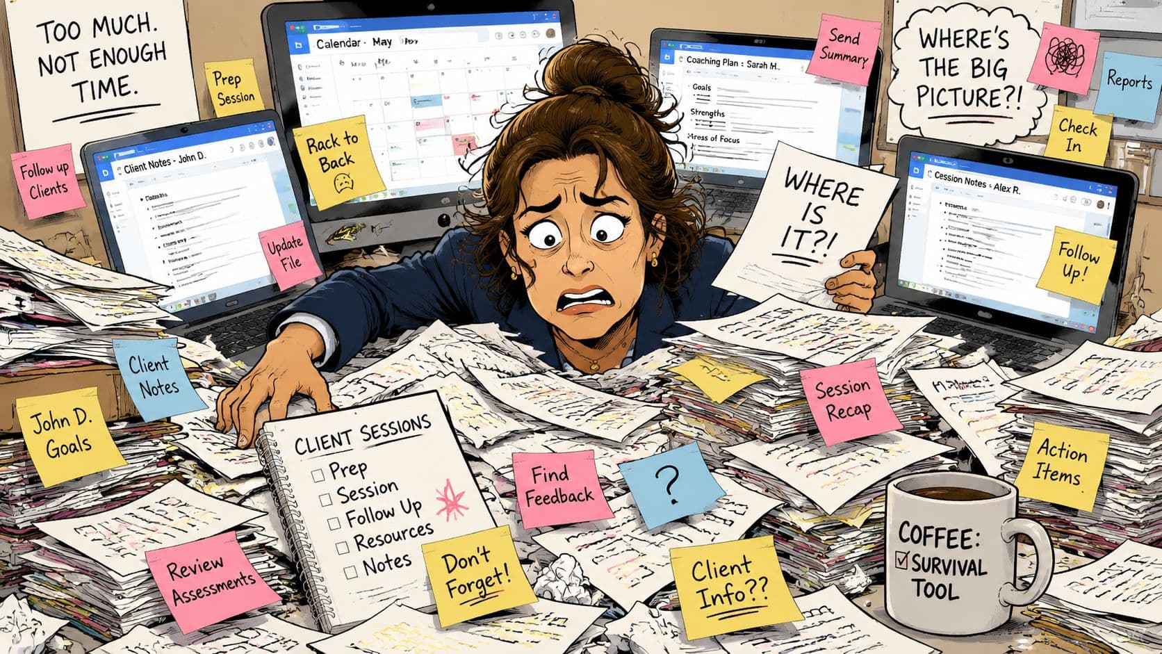 A stressed professional overwhelmed by paperwork and digital screens while managing executive coaching tasks and client sessions.