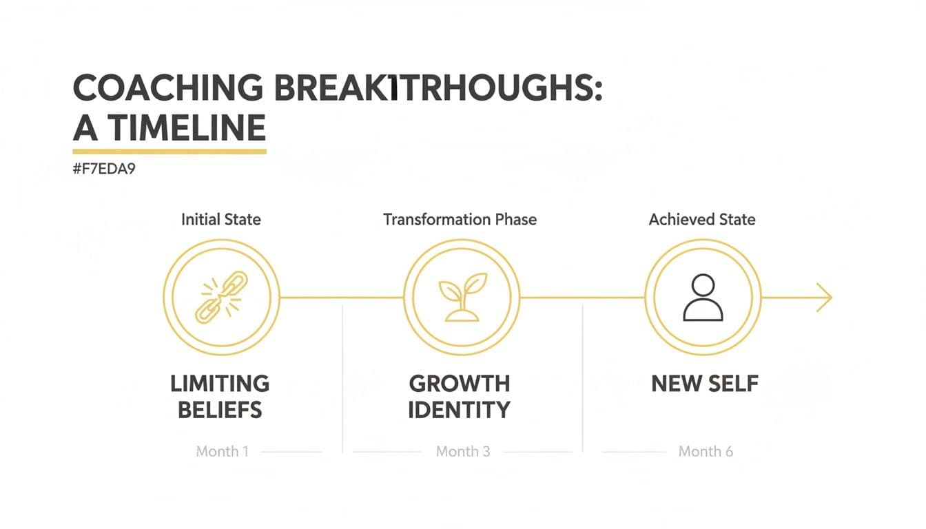 Timeline illustrating coaching breakthroughs from limiting beliefs to a new self over six months.
