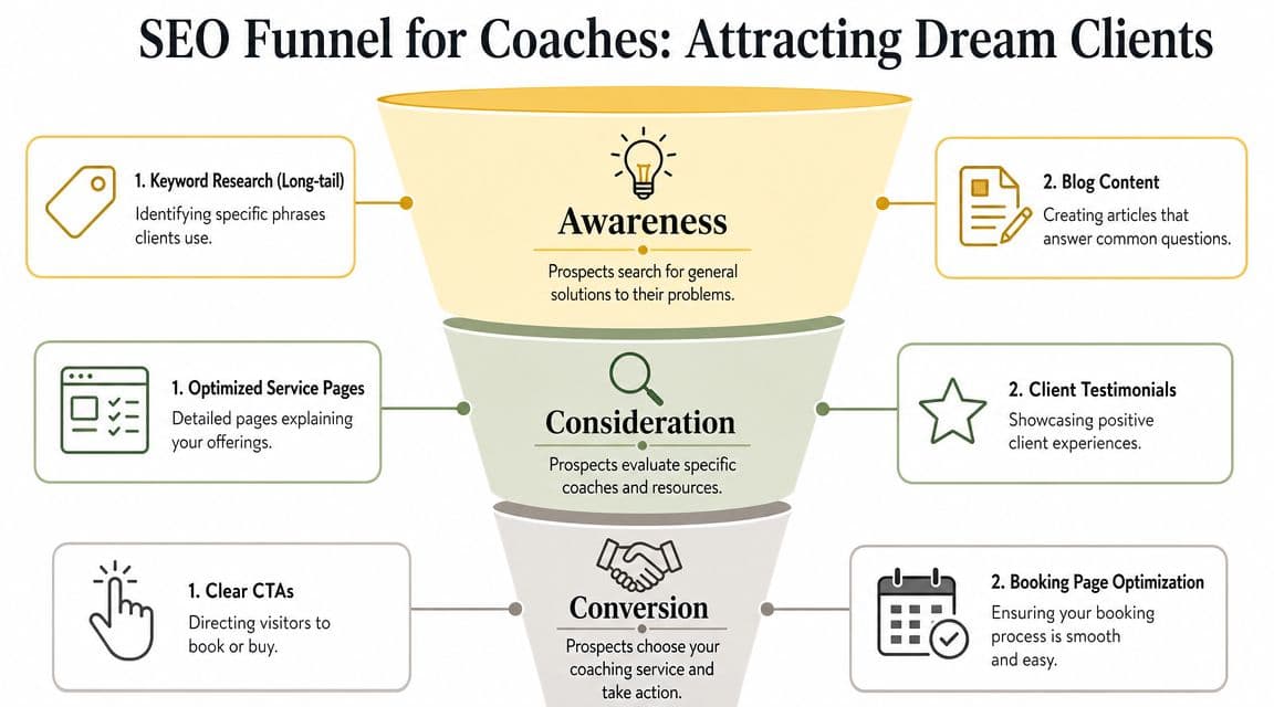 An infographic showing a three-stage SEO funnel for coaches, from awareness to conversion through strategic actions.