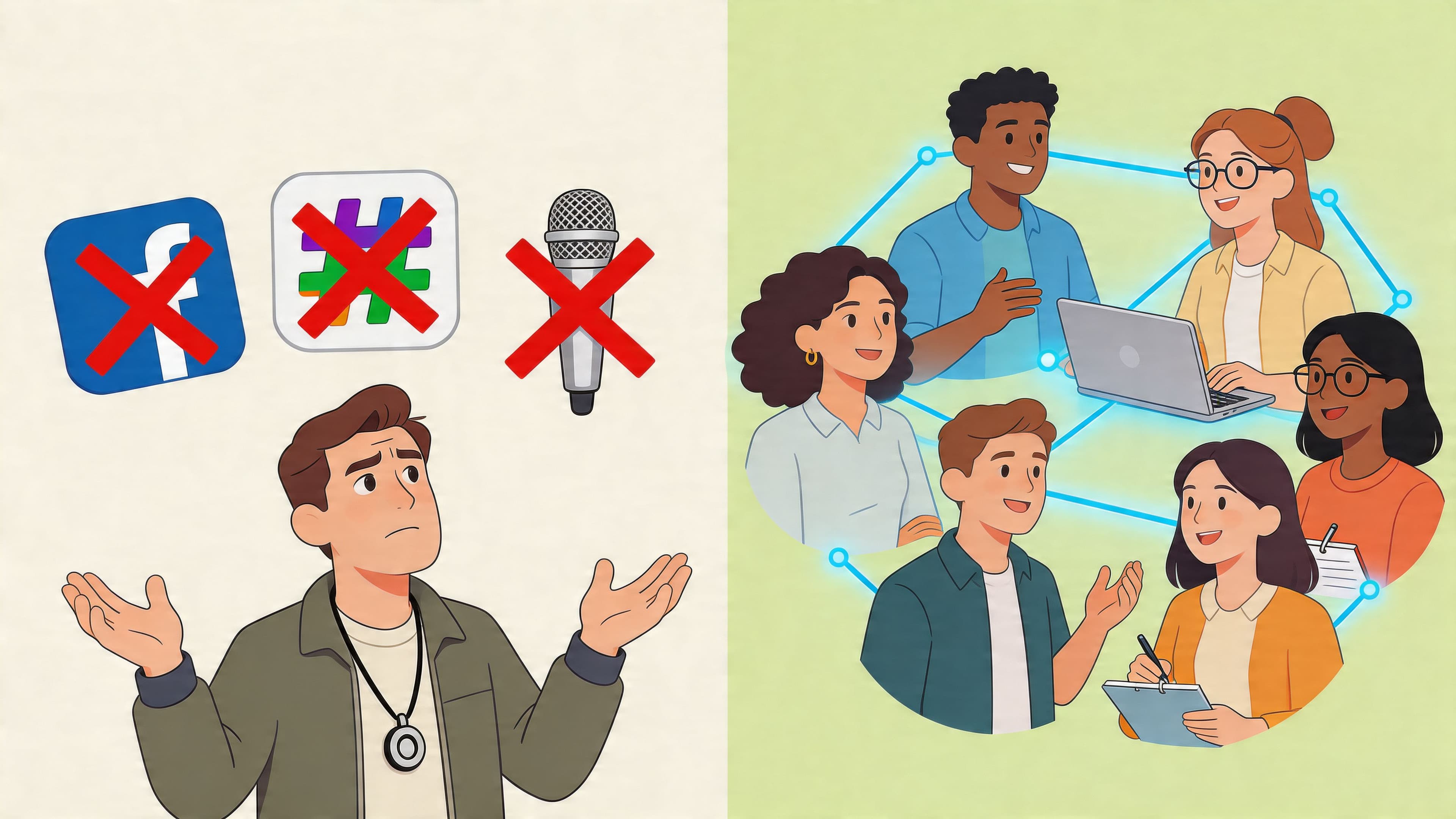 A confused person facing limitations on social media and microphones versus a diverse group collaborating together.