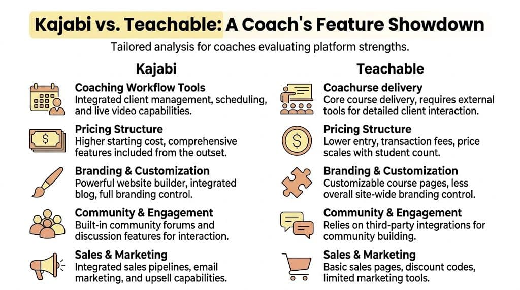 A comparison chart outlining key differences between Kajabi and Teachable platforms for professional coaching businesses.