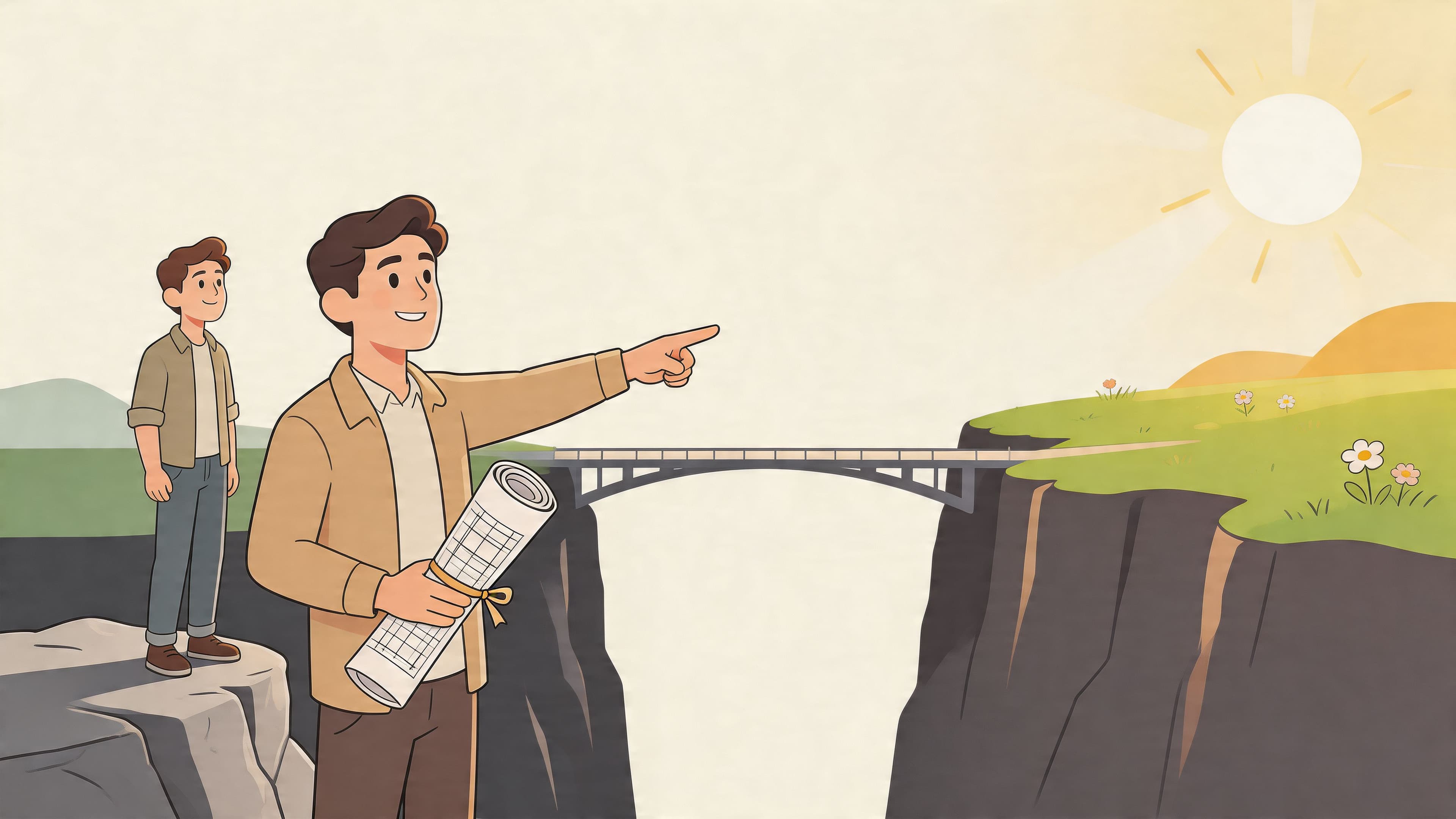 A life coach holding blueprints pointing toward a bright future across a bridge over a canyon.