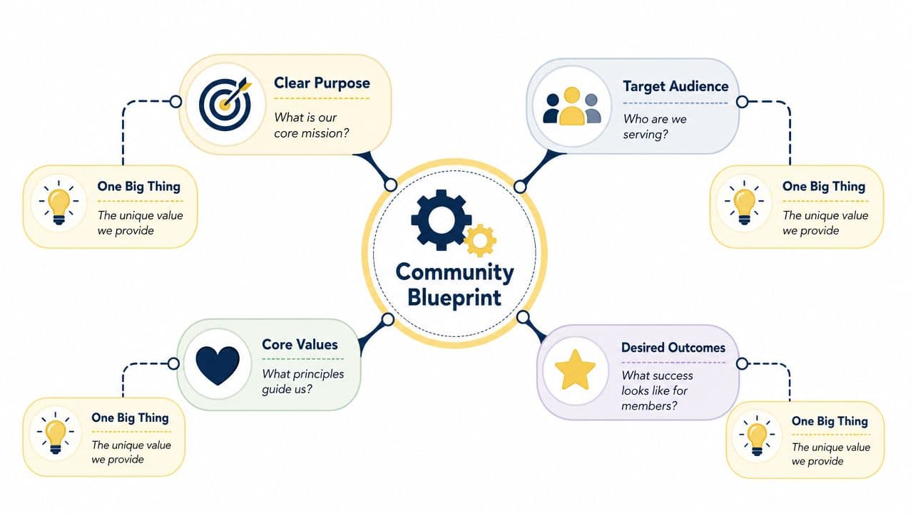 A diagram titled Community Blueprint showing four core strategy pillars and their respective unique values.