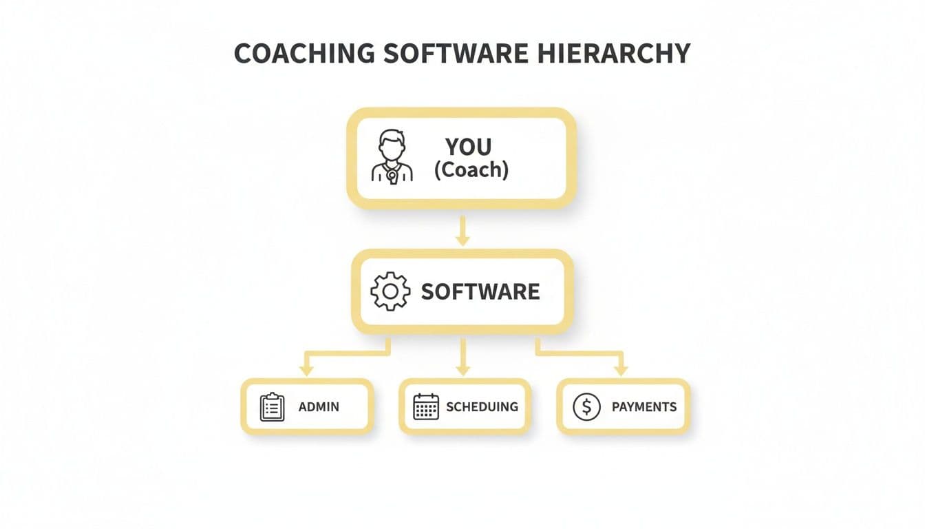 Diagram illustrating the coaching software hierarchy: Coach uses software for administration, scheduling, and payments.