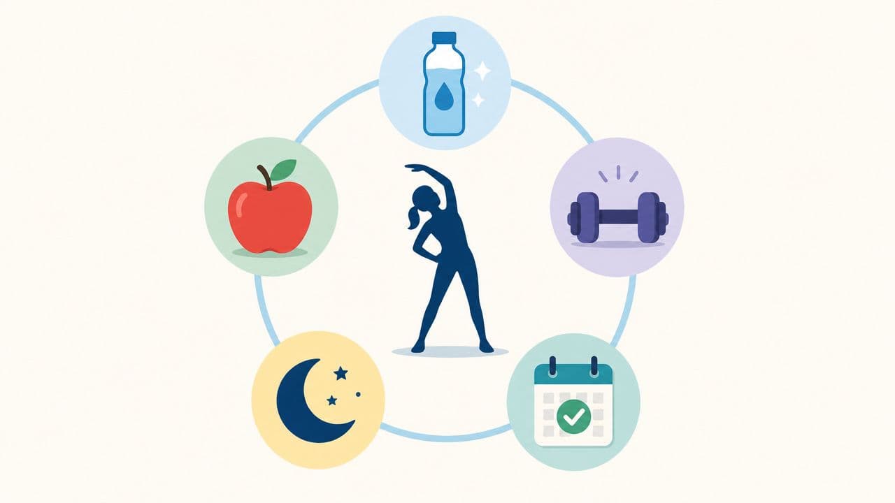 A diagram depicting a healthy lifestyle featuring icons for nutrition, hydration, fitness, sleep, and a schedule.