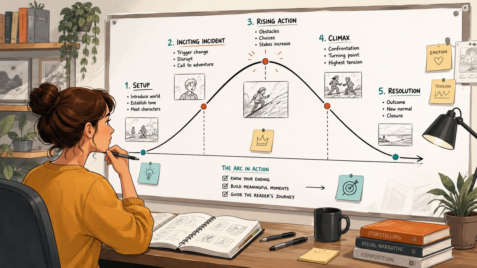 A young woman sits at a desk thoughtfully reviewing a diagram on a whiteboard illustrating a narrative story arc.