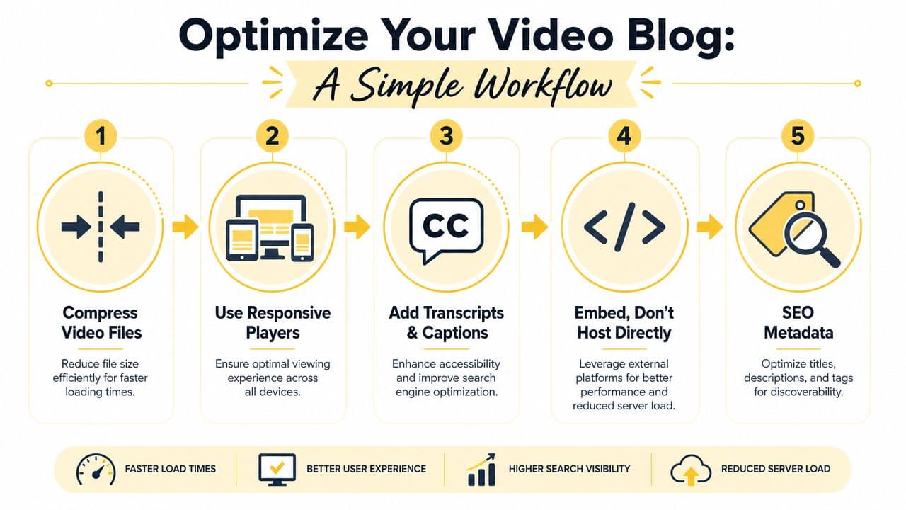 An infographic showing a five-step workflow for optimizing video blog performance and improving search engine discoverability.
