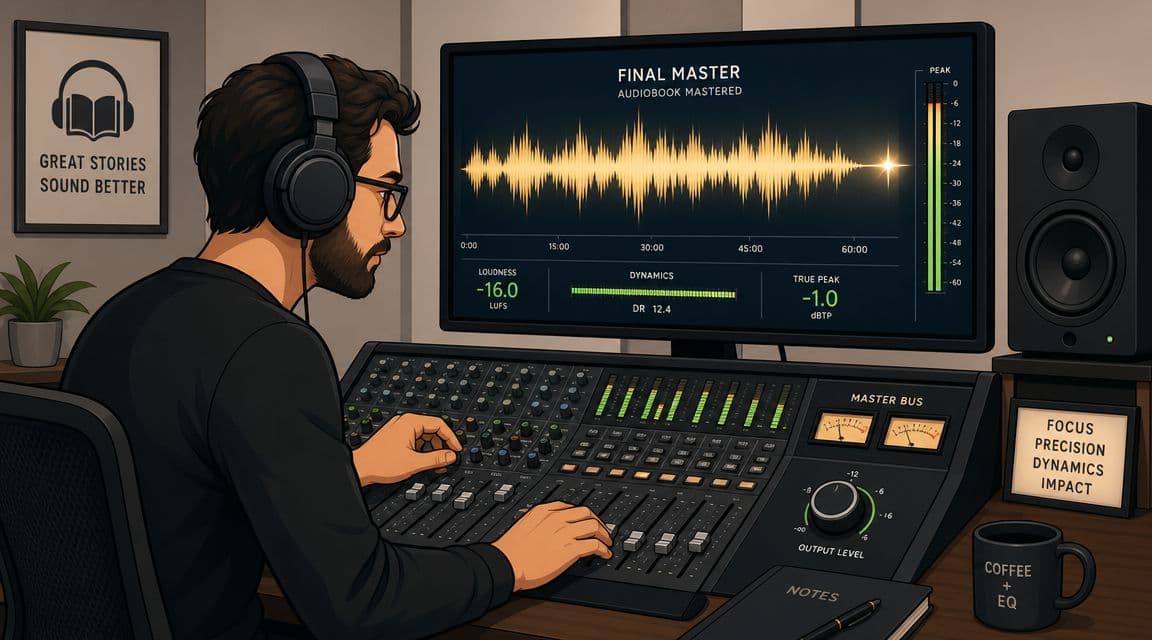 A professional audio engineer mastering an audiobook using a mixing console and computer software in a studio.