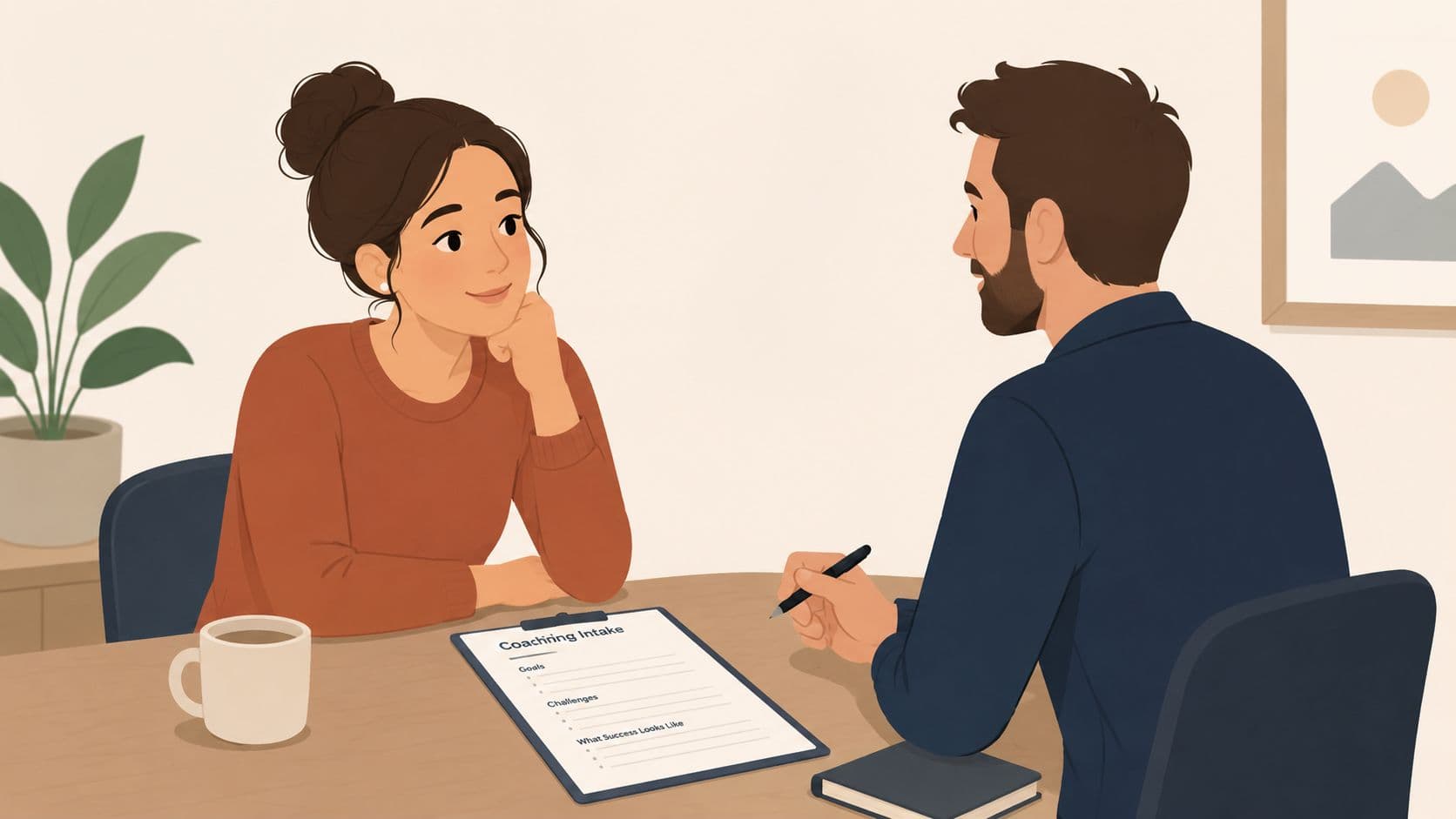 A woman talking to a life coach during a session while looking at an onboarding form.