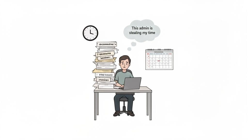 A stressed man at a desk, surrounded by stacks of paper, thinks admin is stealing his time.