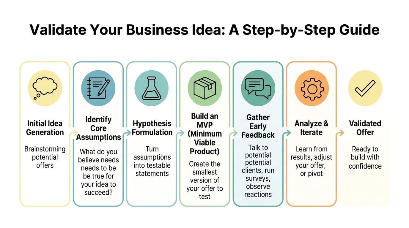 A step-by-step diagram showing the process of validating a business idea from concept to launch.