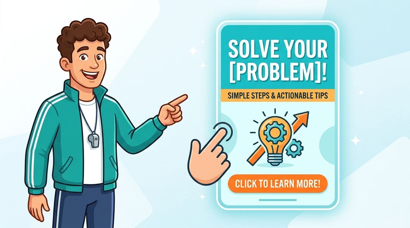 An illustration of a coach pointing at a digital sign with tips on solving problems.