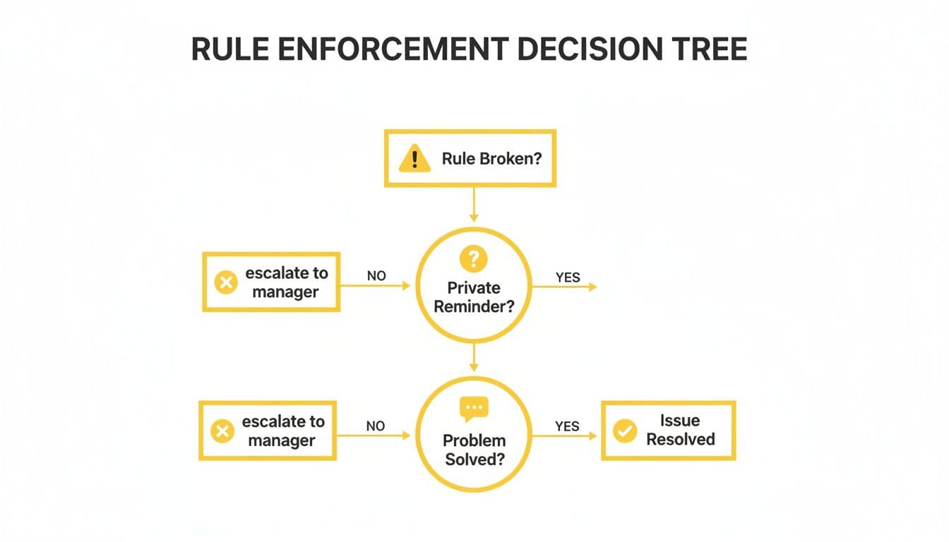 A decision tree flowchart illustrating the process for rule enforcement and conflict resolution steps.