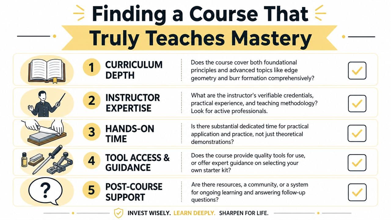 An infographic titled Finding a Course That Truly Teaches Mastery showing five essential criteria for choosing sharpening classes.
