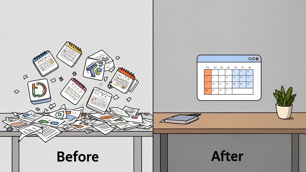 Before and after image showing a cluttered desk with many paper calendars versus a clean desk with a digital calendar.