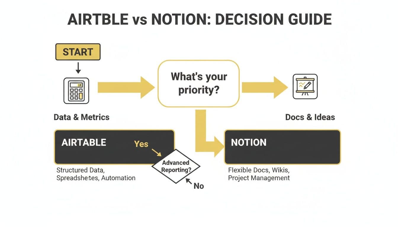 A flowchart decision guide comparing Airtable and Notion based on priority for data and documents.