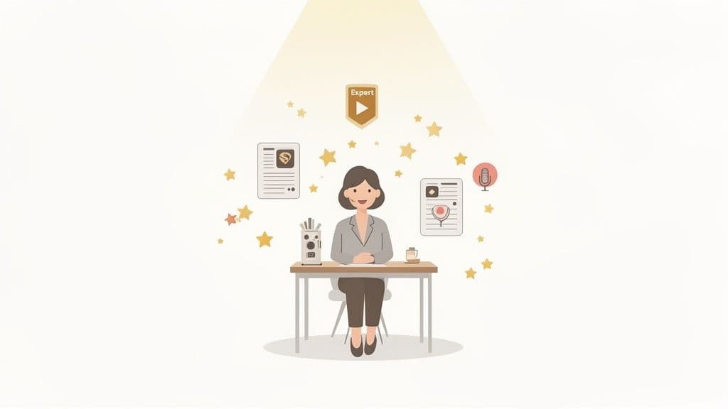 An animated woman at a desk surrounded by stars, documents, and an 'Expert' badge.