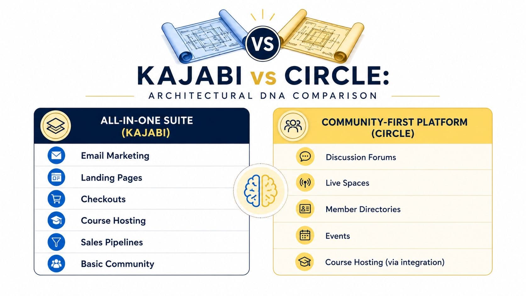 A comparison infographic showing features of Kajabi as an all-in-one suite versus Circle as a community-first platform.
