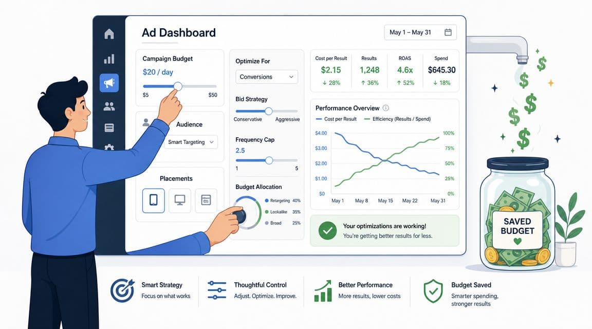 A digital marketer adjusting ad dashboard settings to optimize advertising costs and campaign budget performance.