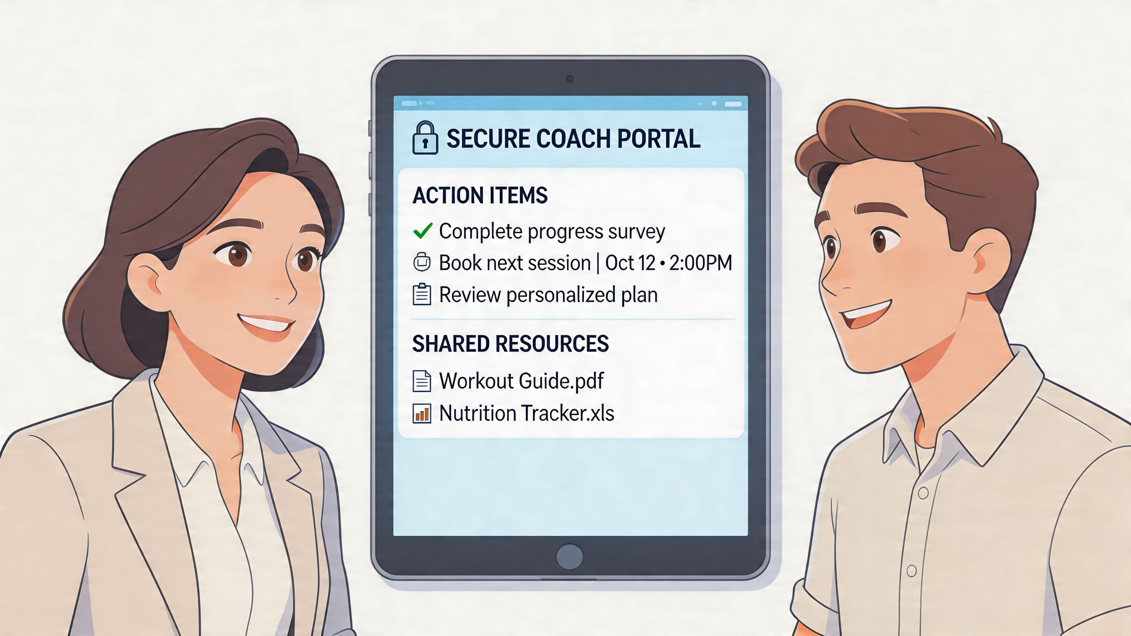 A professional woman and man looking at a tablet screen displaying a secure coach portal interface.