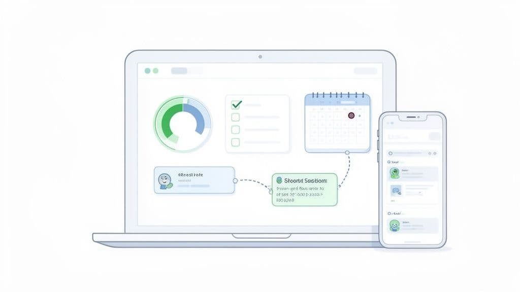 Laptop and smartphone displaying productivity and goal-setting applications with charts and tasks.