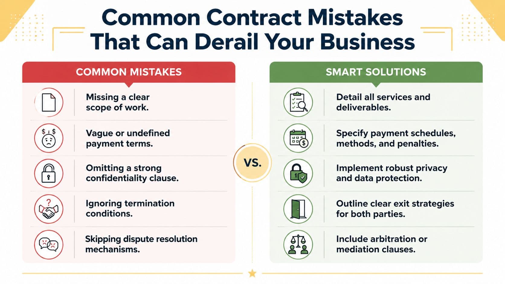 A comparison chart showing common contract mistakes versus smart solutions to avoid business risks.