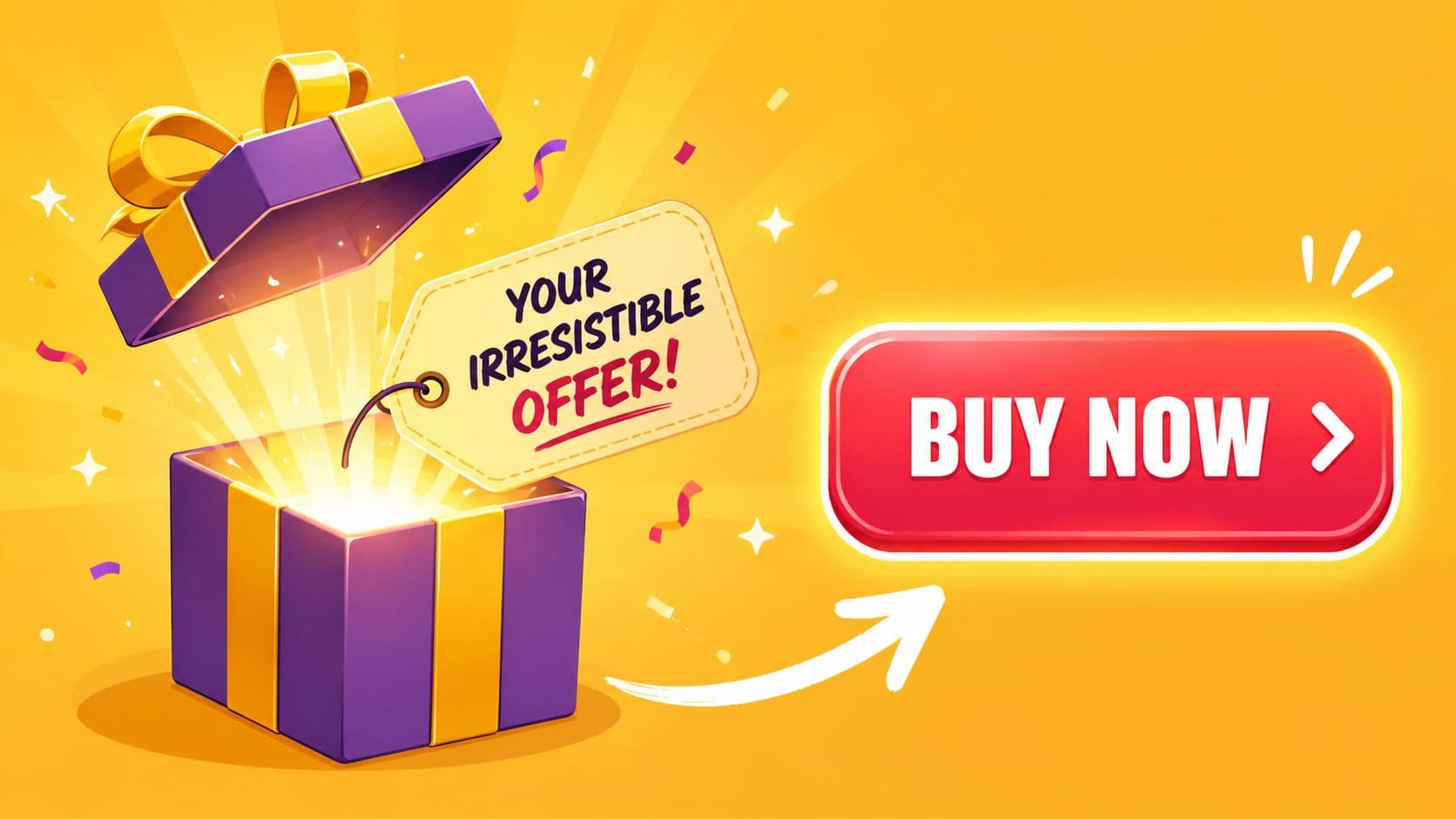 A vibrant open gift box with a tag saying Your Irresistible Offer next to a Buy Now button.
