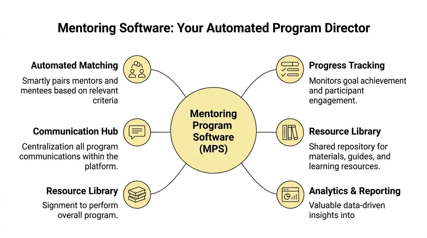A diagram illustrating the core benefits of using automated mentoring program software for organizations.