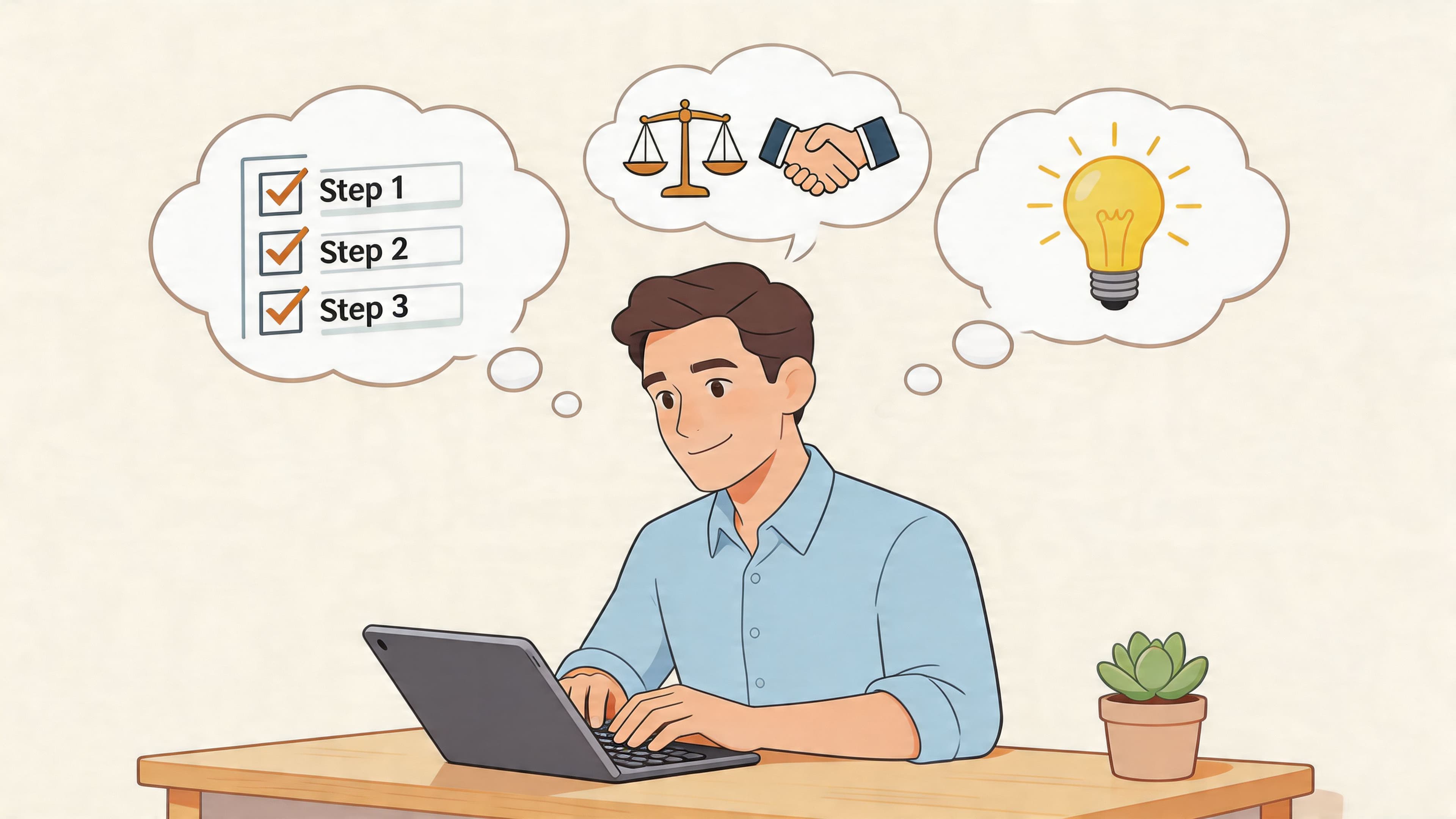 A professional man typing on a laptop, imagining completed steps, legal scales, a handshake, and creative ideas.