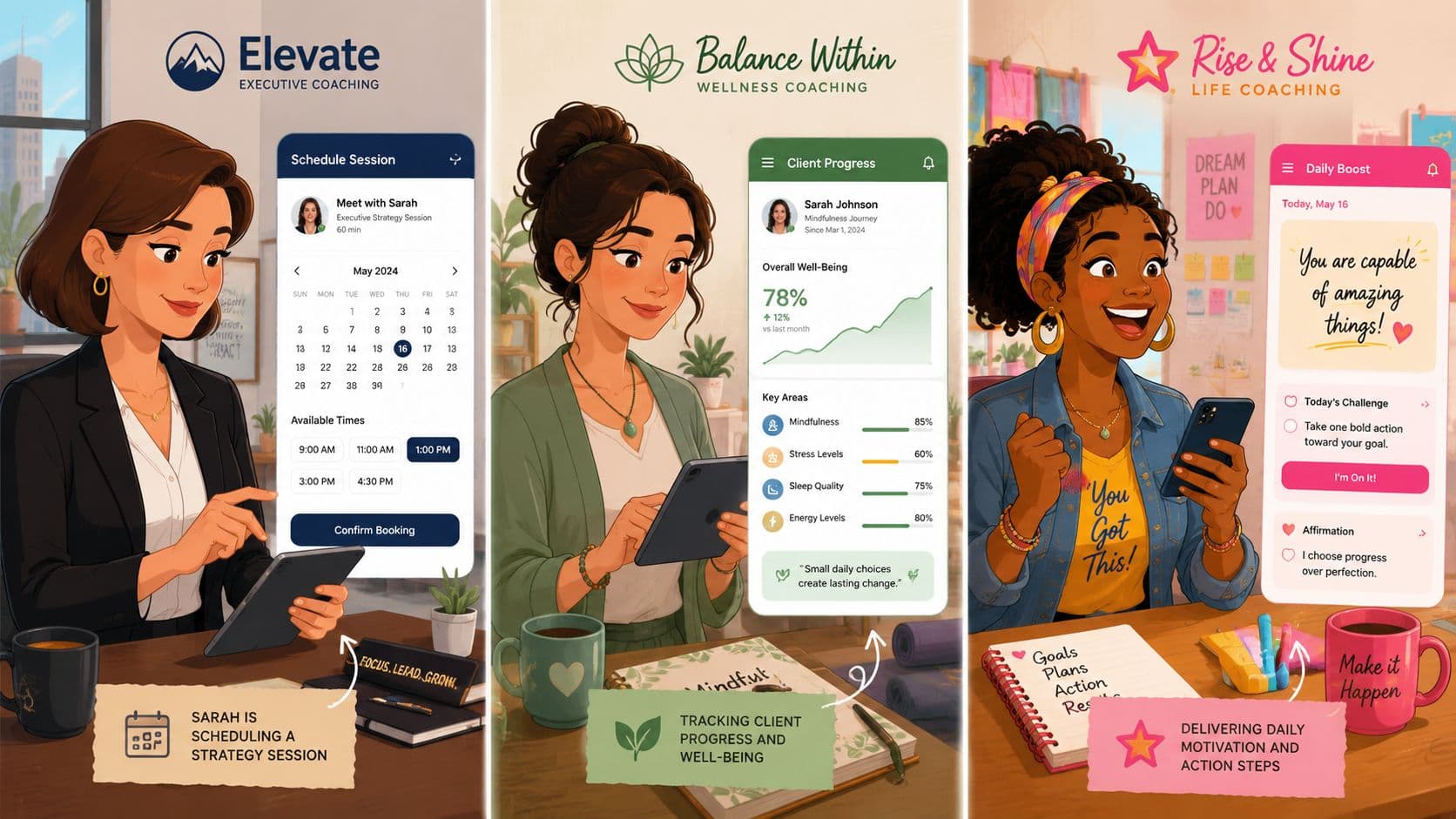 Three professional women utilizing white label mobile apps for executive, wellness, and life coaching business services.