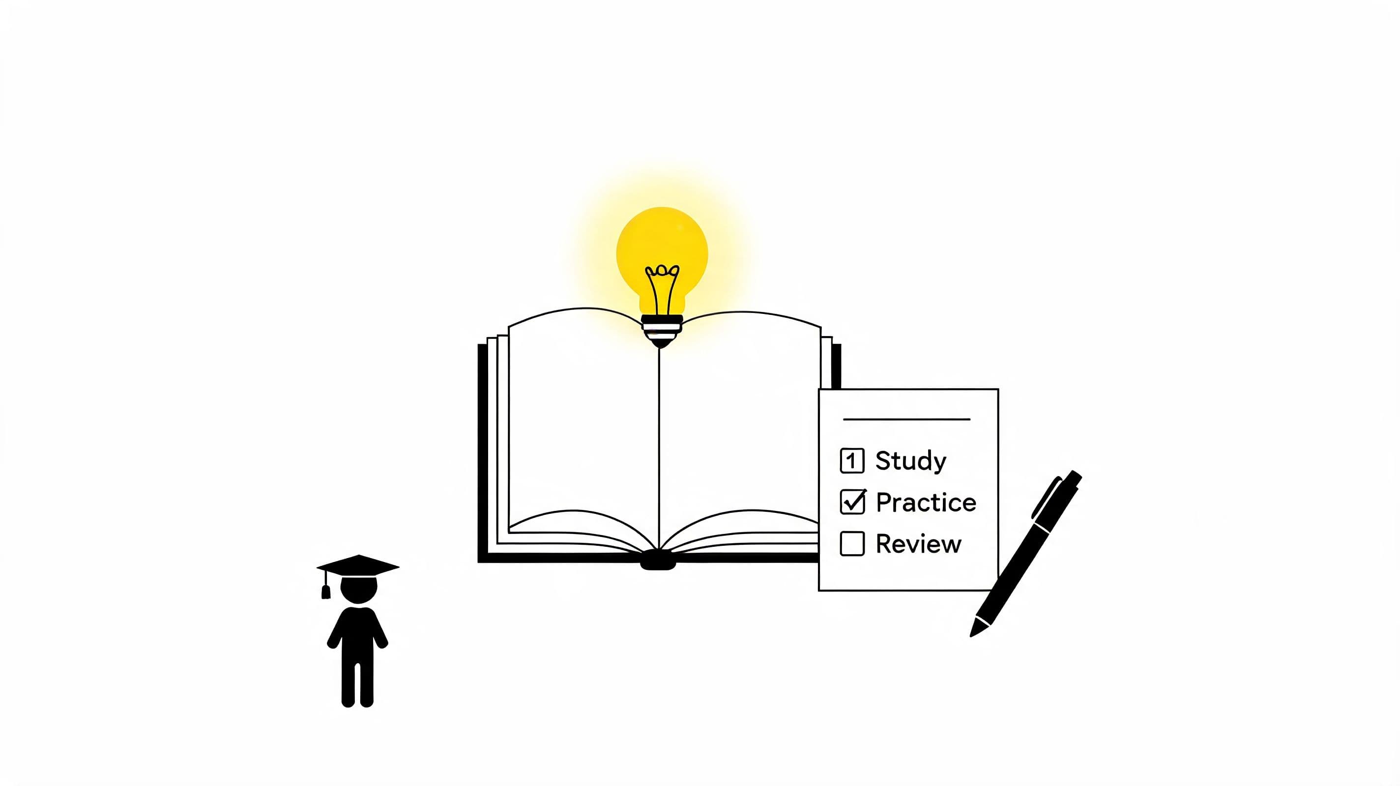A student stands beside an open book with a glowing light bulb and a study checklist.