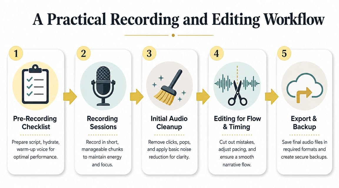 A flowchart showing a five-step professional workflow for recording and editing audio books and podcasts.