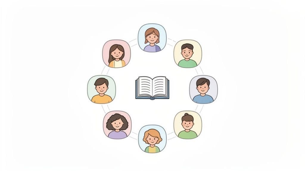 A diverse group of cartoon people form a circle around an open book, representing a learning or discussion group.