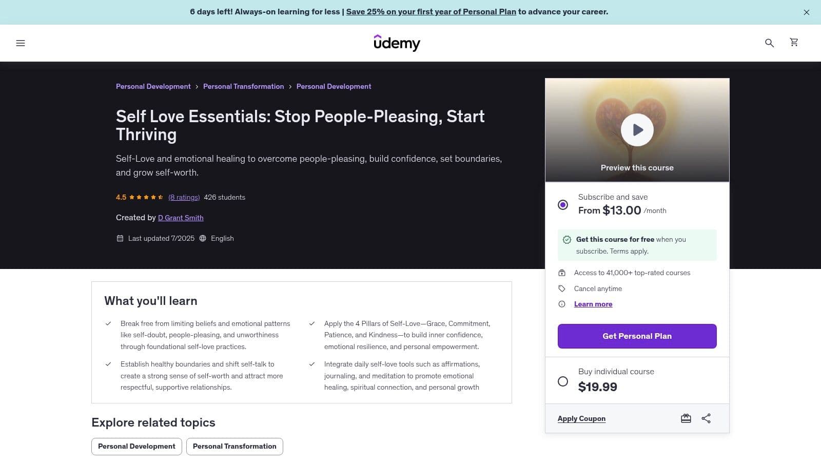 Self Love Essentials: Stop People‑Pleasing, Start Thriving (Udemy)