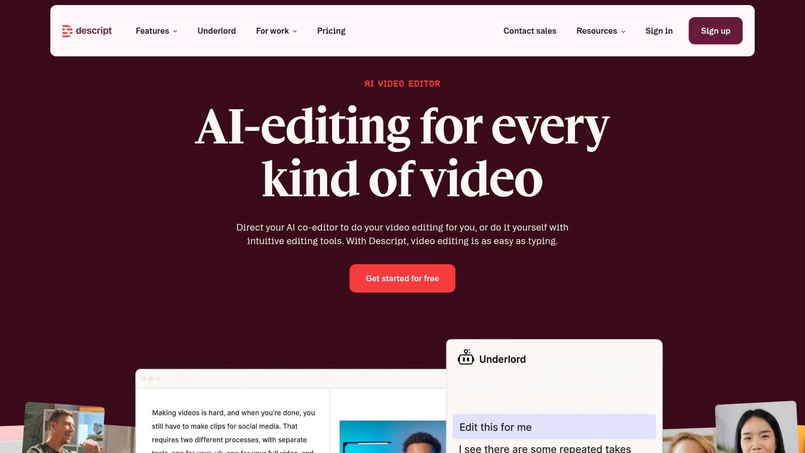 Descript's interface showing a video being edited via its text transcript, with filler words highlighted for removal.