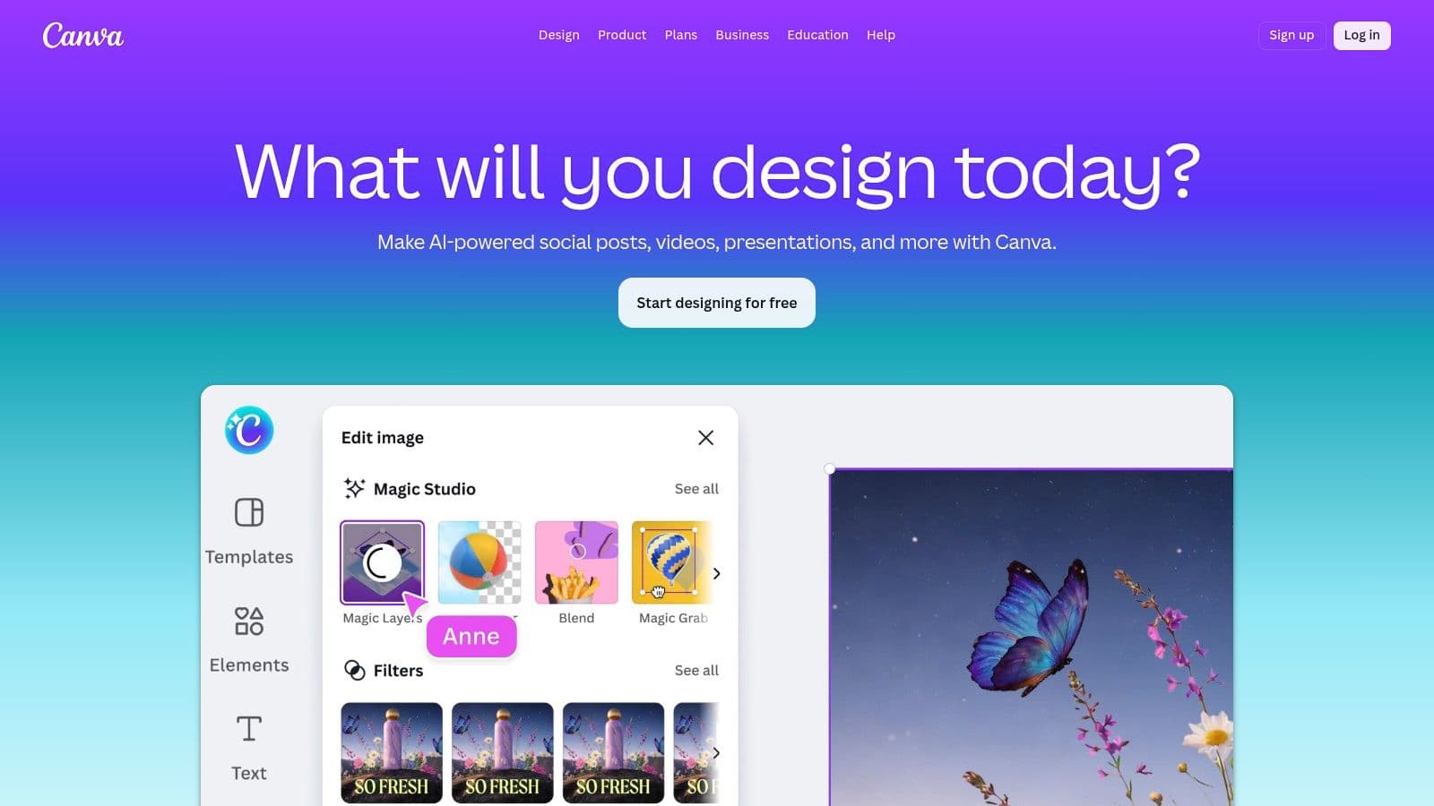 A user designs a social media graphic in Canva's web interface, showing templates and design elements.