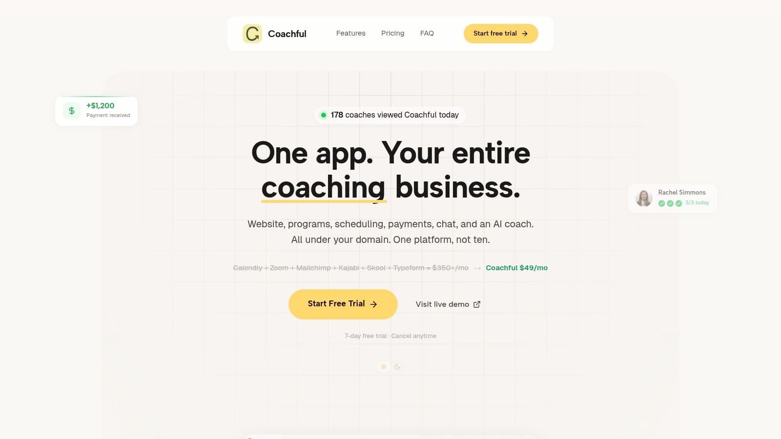 A client onboarding checklist template dashboard shown within the Coachful coaching platform.